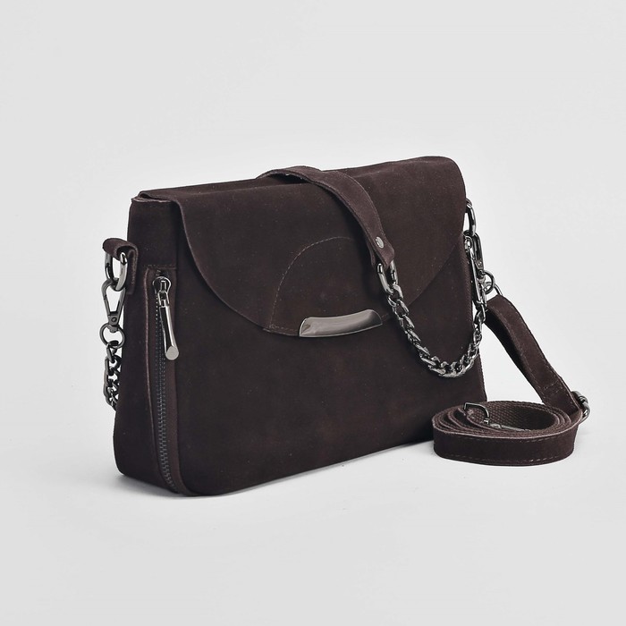 Сумка женская, замша, отдел с перегородкой, 3 наружных кармана, длинный ремень, цвет кофе