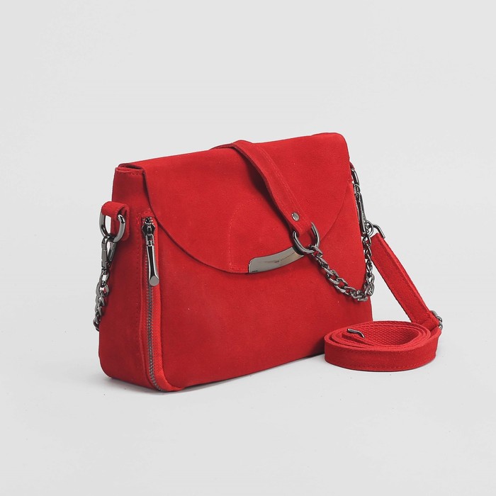 Сумка женская, замша, отдел с перегородкой, 3 наружных кармана, длинный ремень, цвет красный