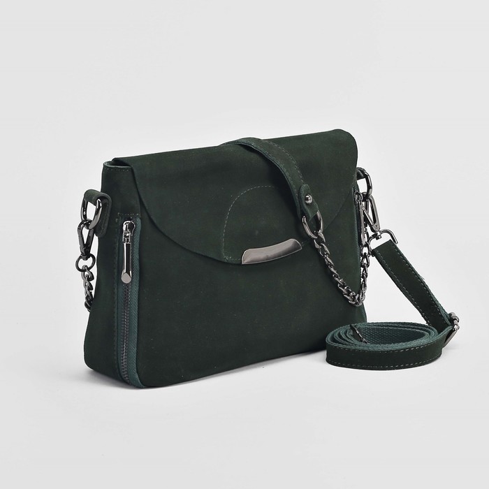 Сумка женская, замша, отдел с перегородкой, 3 наружных кармана, длинный ремень, цвет зелёный