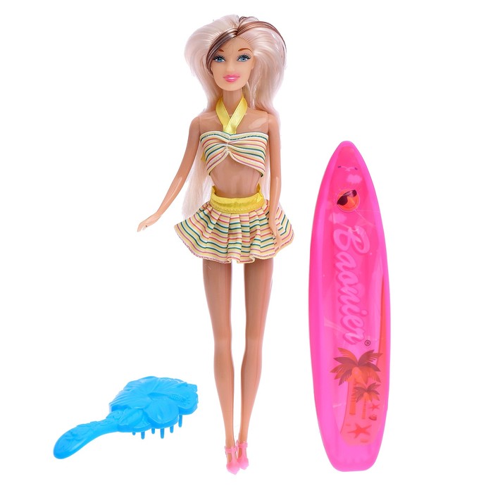 Кукла модель "Карина" с доской для серфинга и аксессуарами, кожа меняет цвет, МИКС
