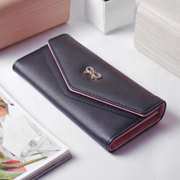 Кошелёк женский, 3 отдела, для карт, монет, цвет чёрный