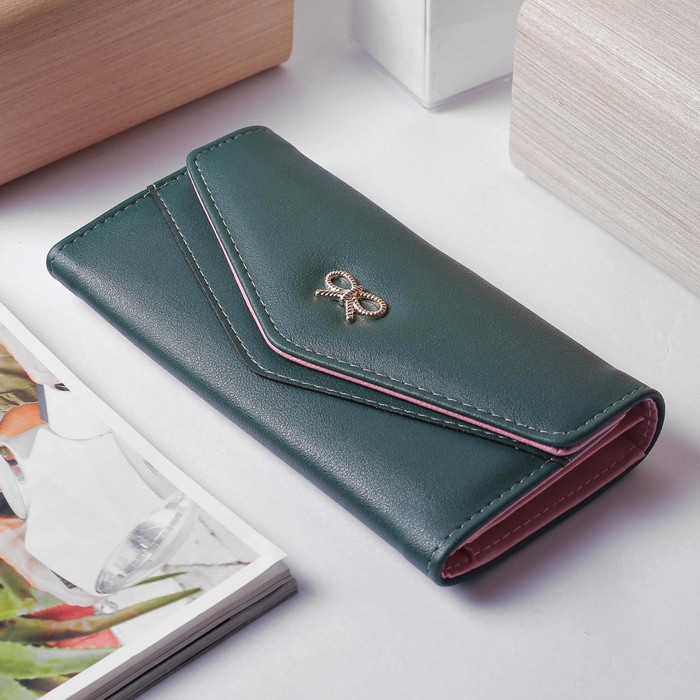 Кошелёк женский, 3 отдела, для карт, монет, цвет зелёный