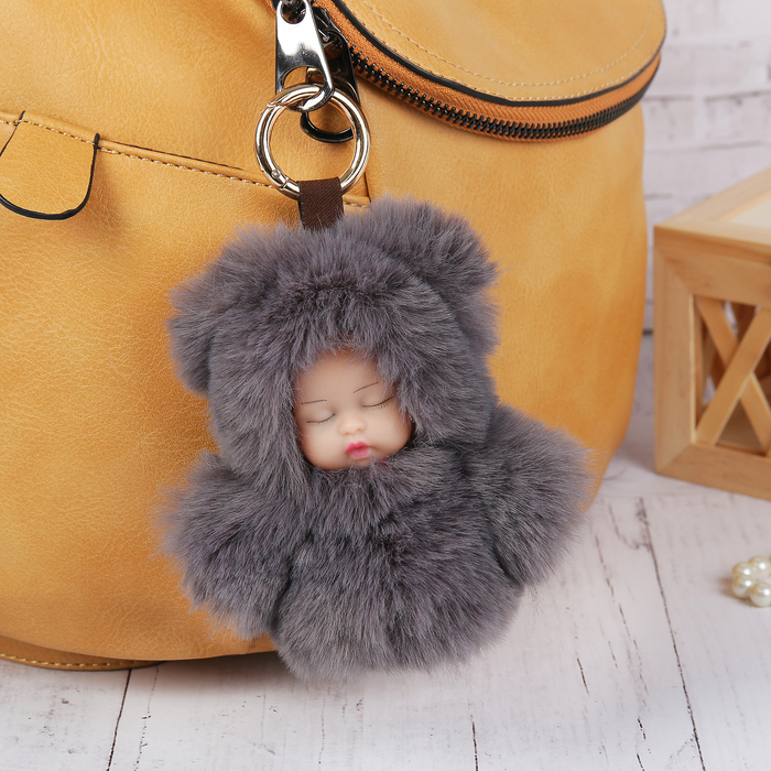 Пушистик на кольце "Малыш в серой шубке" 12х11 см