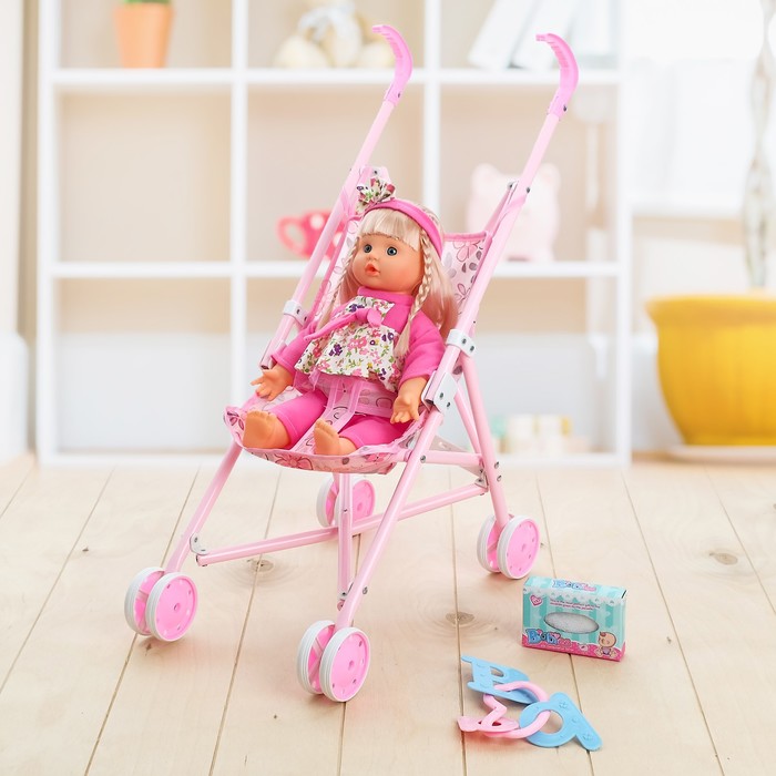 Коляска-трость для куклы, с пупсом со звуком, металлический каркас