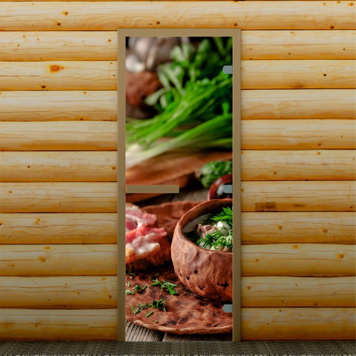 Дверь для бани и сауны "Время обеда", 190 х 70 см, с фотопечатью 8 мм Добропаровъ