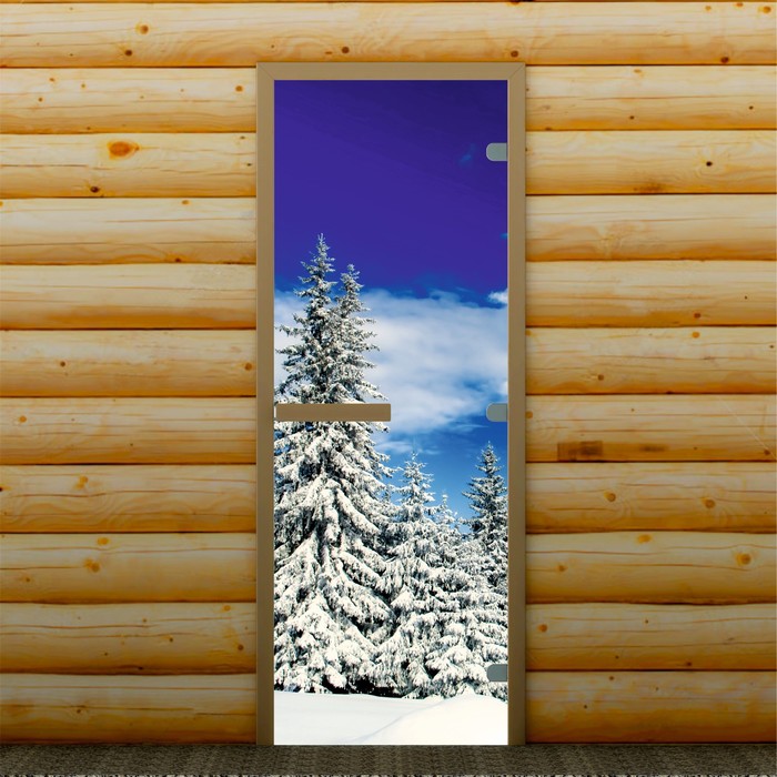 Дверь для бани и сауны "Зимний лес", 190 х 70 см, с фотопечатью 8 мм Добропаровъ