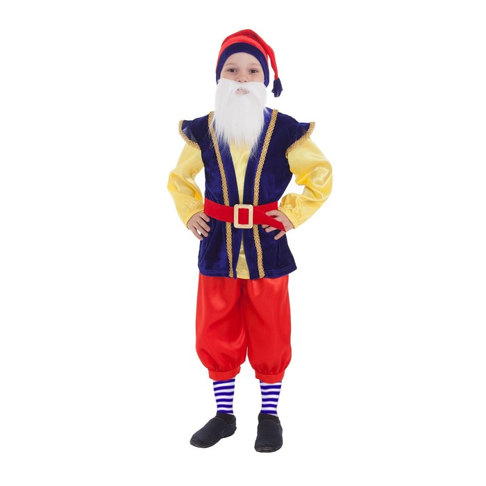 фото Карнавальный костюм "гном", колпак, рубаха с жилетом, бриджи, борода, ремень, цвет синий, р. 28, рост 98-104 см страна карнавалия