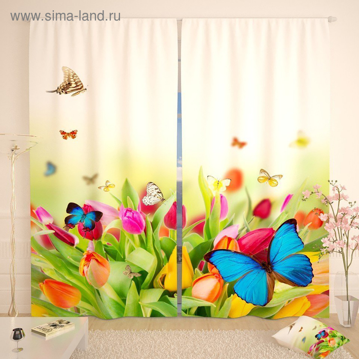  Фотошторы «Бабочки на цветах», размер 150х260 см, габардин