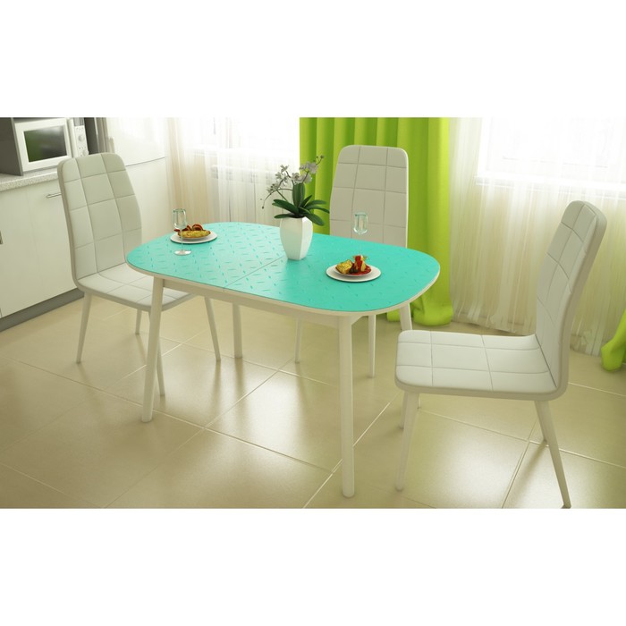 Обеденная группа "Гравюр", бирюзовый 1150(1450)х700 мм, 4 стула Бейз-МХ крем/бел