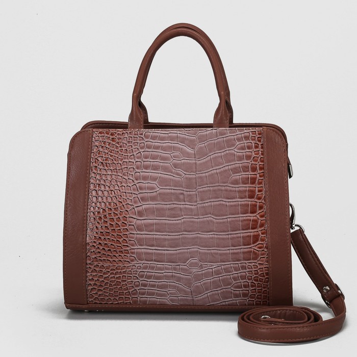Сумка женская, отдел с перегородкой на молнии, наружный карман, длинный ремень, крокодил, цвет светло-коричневый