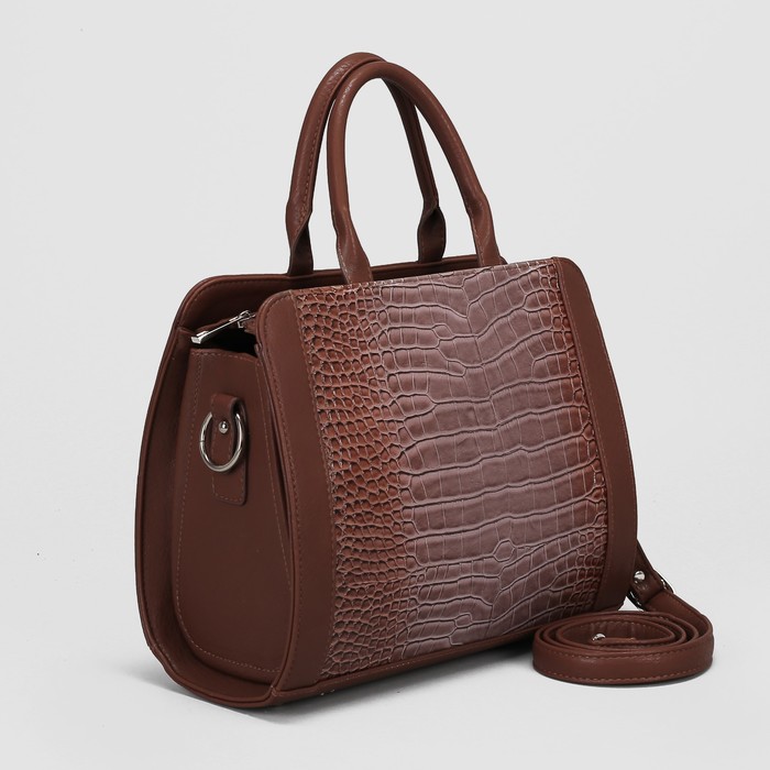 Сумка женская, отдел с перегородкой на молнии, наружный карман, длинный ремень, крокодил, цвет светло-коричневый