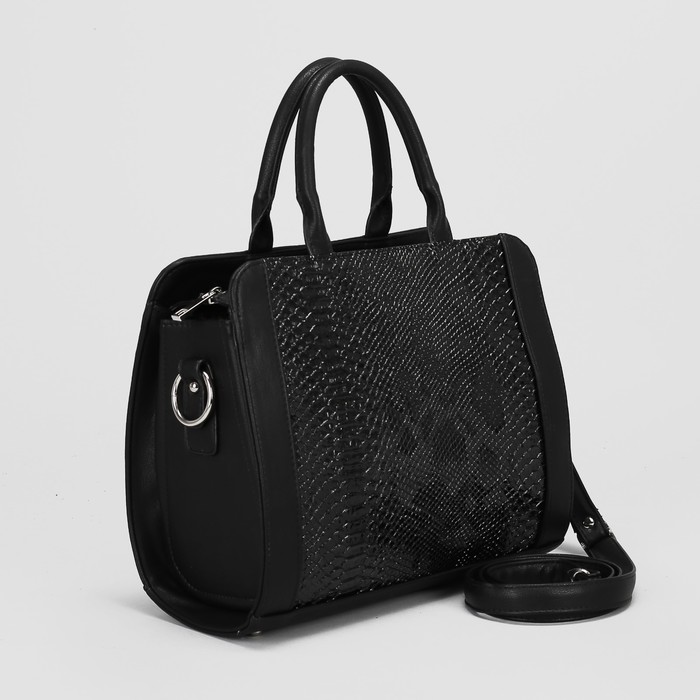 Сумка женская, отдел с перегородкой на молнии, наружный карман, длинный ремень, змея, цвет чёрный