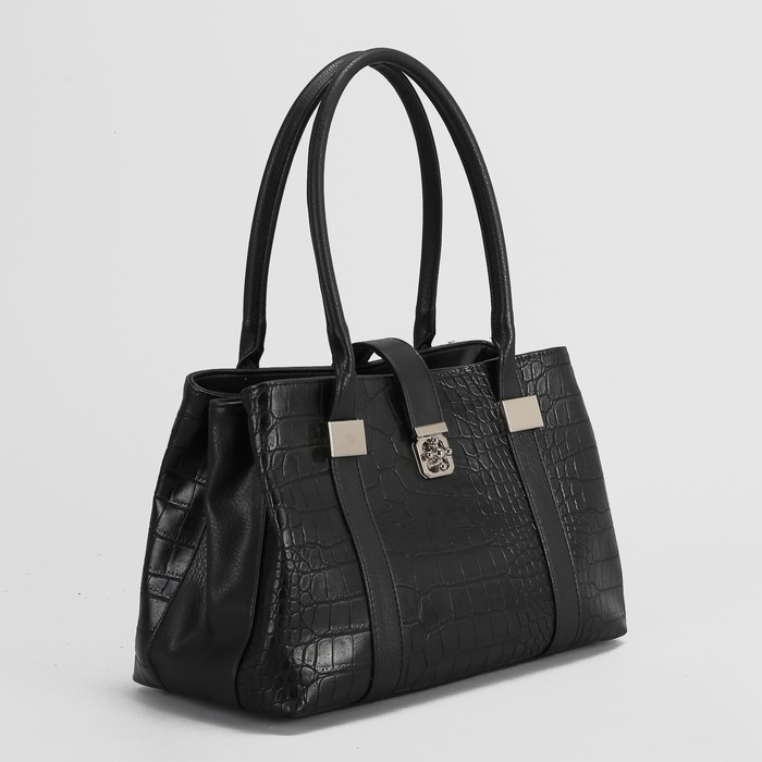 Сумка женская, 3 отдела на молнии, наружный карман, крокодил, цвет чёрный