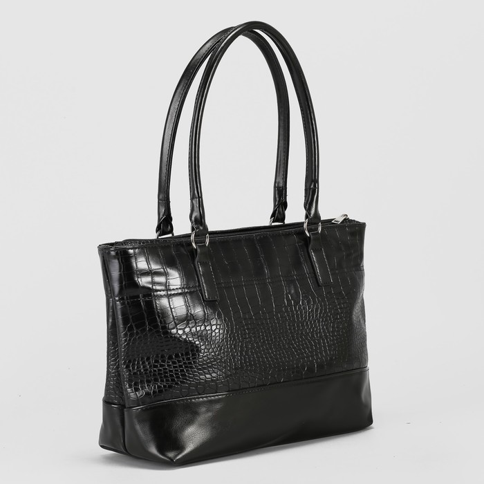 Сумка женская, 1 отдел на молнии, наружный карман, гладкий/крокодил, цвет чёрный