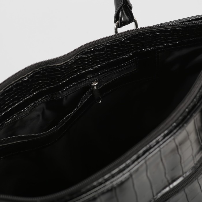 Сумка женская, 1 отдел на молнии, наружный карман, гладкий/крокодил, цвет чёрный