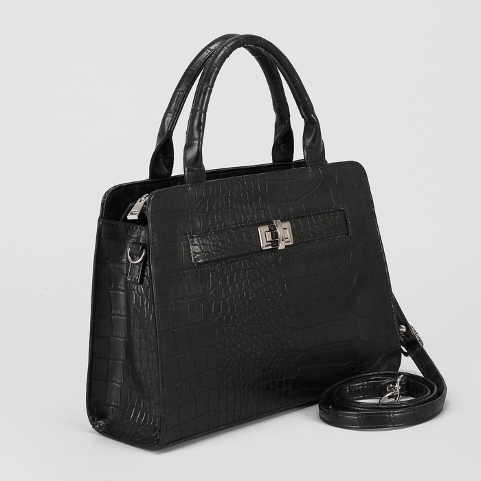 Сумка женская, отдел с перегородкой на молнии, наружный карман, длинный ремень, крокодил чёрный