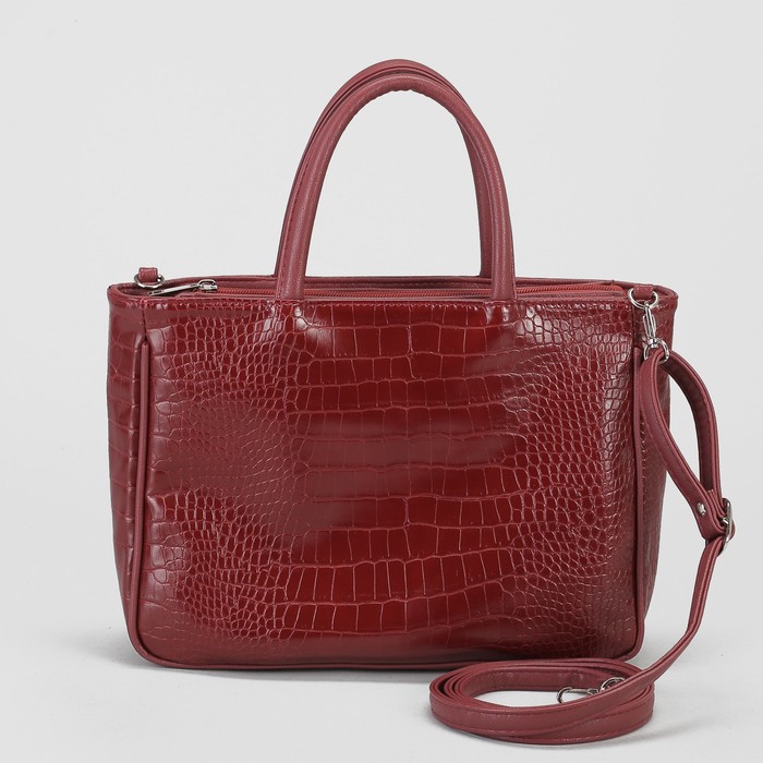 Сумка женская, 1 отдел на молнии, наружный карман, длинный ремень, крокодил бордовый