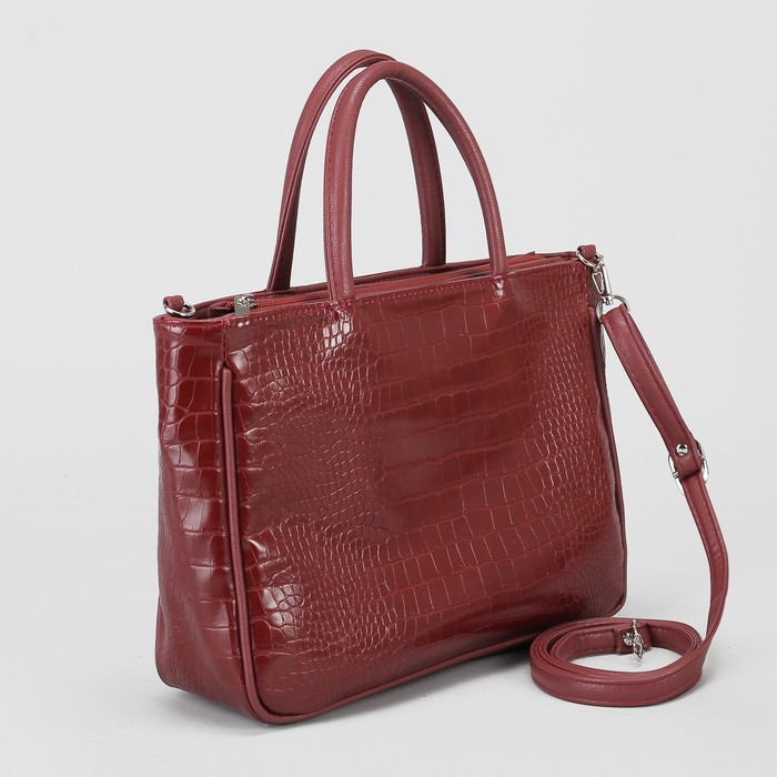 Сумка женская, 1 отдел на молнии, наружный карман, длинный ремень, крокодил бордовый