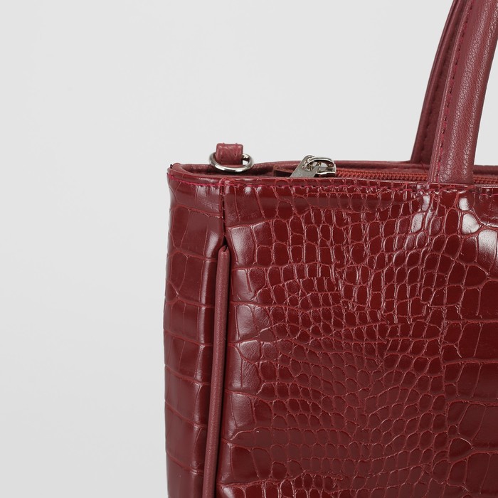 Сумка женская, 1 отдел на молнии, наружный карман, длинный ремень, крокодил бордовый