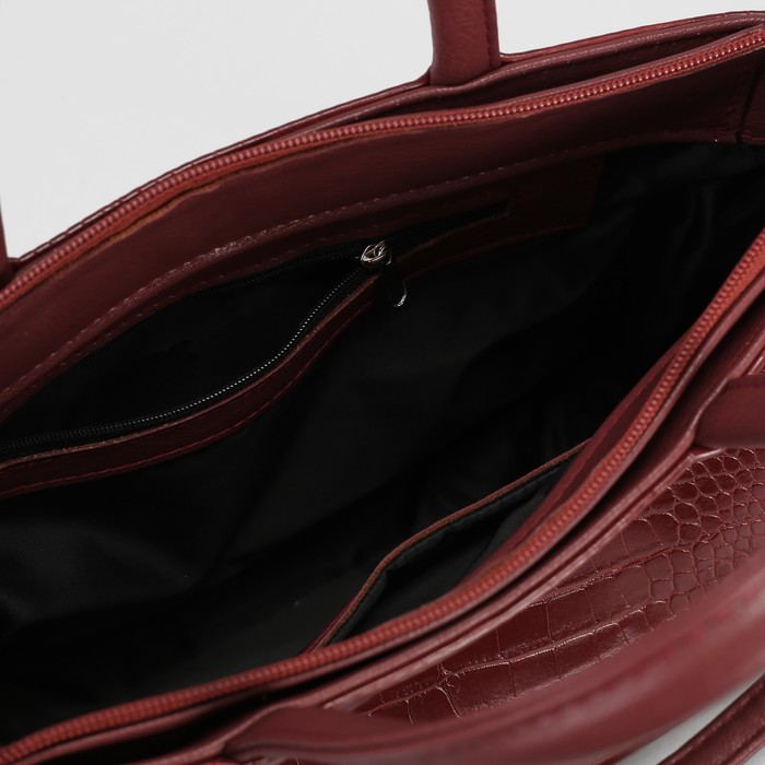 Сумка женская, 1 отдел на молнии, наружный карман, длинный ремень, крокодил бордовый