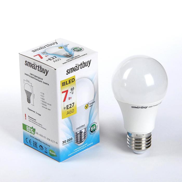 Лампа cветодиодная Smartbuy, A60, E27, 7 Вт, 3000 К, теплый белый лампа cветодиодная smartbuy e27 a60 9 вт 3000 к теплый белый свет