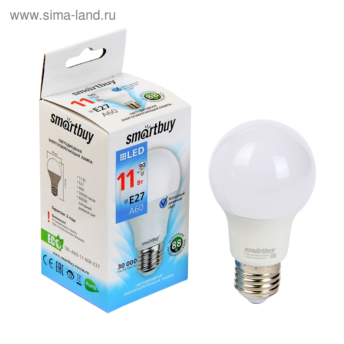 Лампа cветодиодная Smartbuy, E27, A60, 11 Вт, 6000 К, холодный белый свет лампа cветодиодная smartbuy e27 a60 9 вт 3000 к теплый белый свет