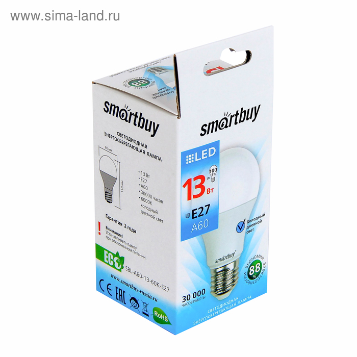фото Лампа cветодиодная smartbuy, e27, a60, 13 вт, 6000 к, холодный белый свет