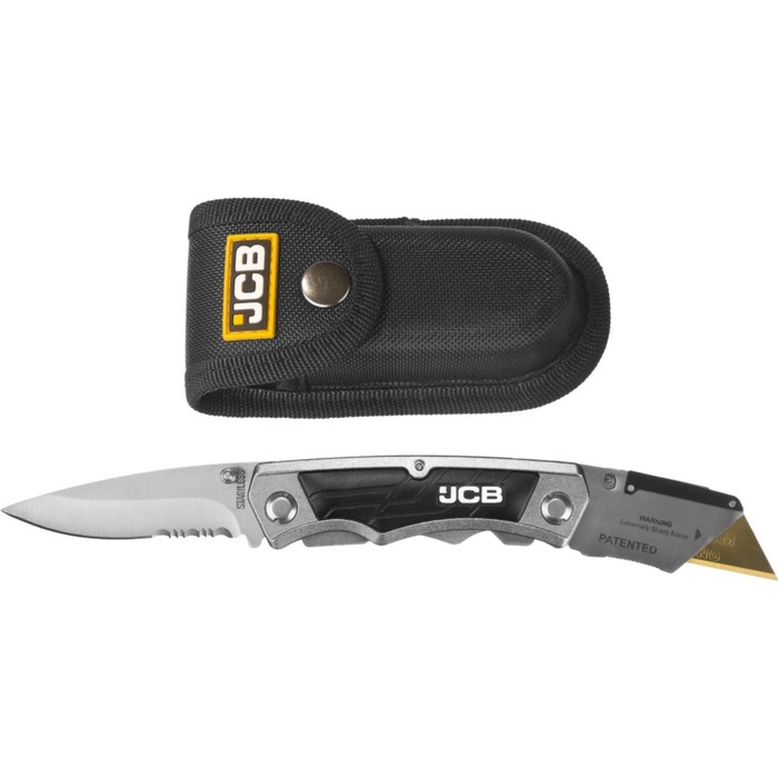 Нож JCB JLC003, складной, трапец лезвие, тип "А24", мет. корпус, чехол, 5 лезвий