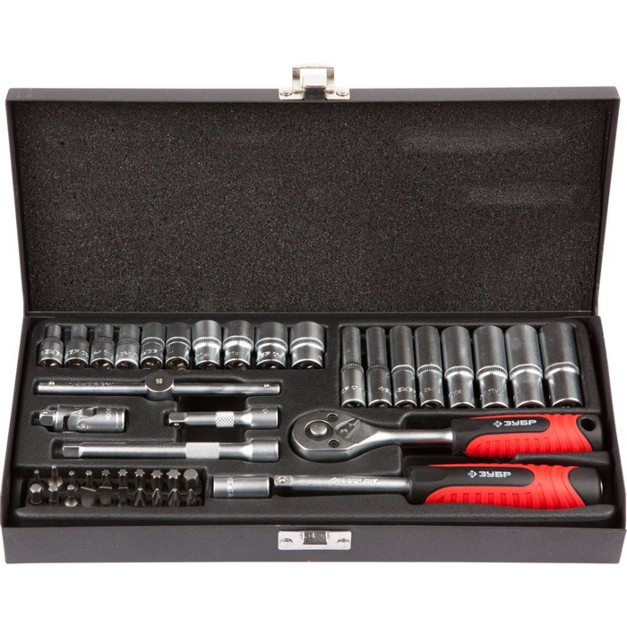 Набор торцевых головок ЗУБР "МАСТЕР", биты, 1/4", Cr-V, 4-13мм, 45 предметов