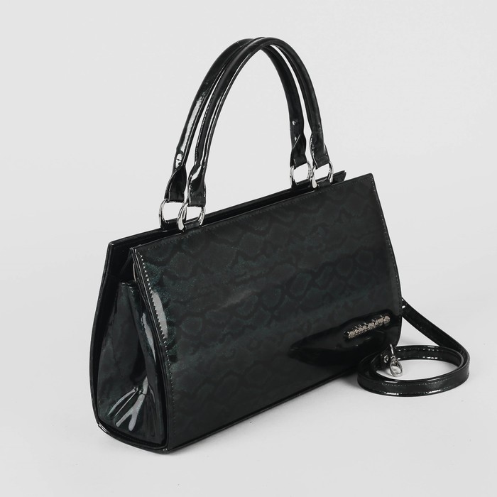 Сумка женская, отдел на молнии, наружный карман, длинный ремень, лак, цвет тёмно-зеленый