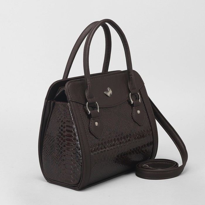 Сумка женская, отдел на молнии, наружный карман, длинный ремень, змея, цвет коричневый