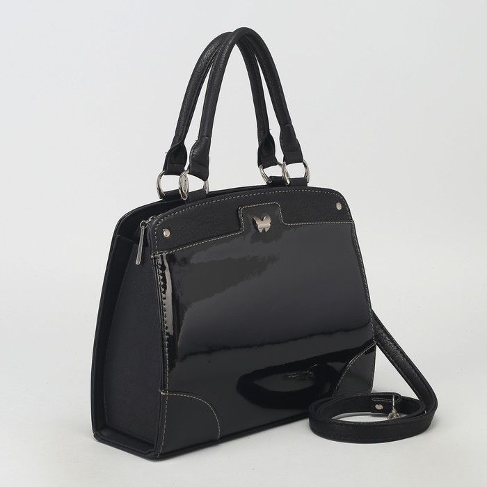 Сумка женская, отдел на молнии, наружный карман, длинный ремень, лак чёрный