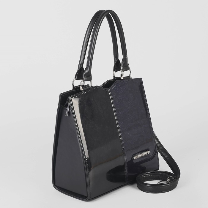 Сумка женская, отдел на молнии, наружный карман, длинный ремень, лак чёрный/змея цвет тёмно-синий