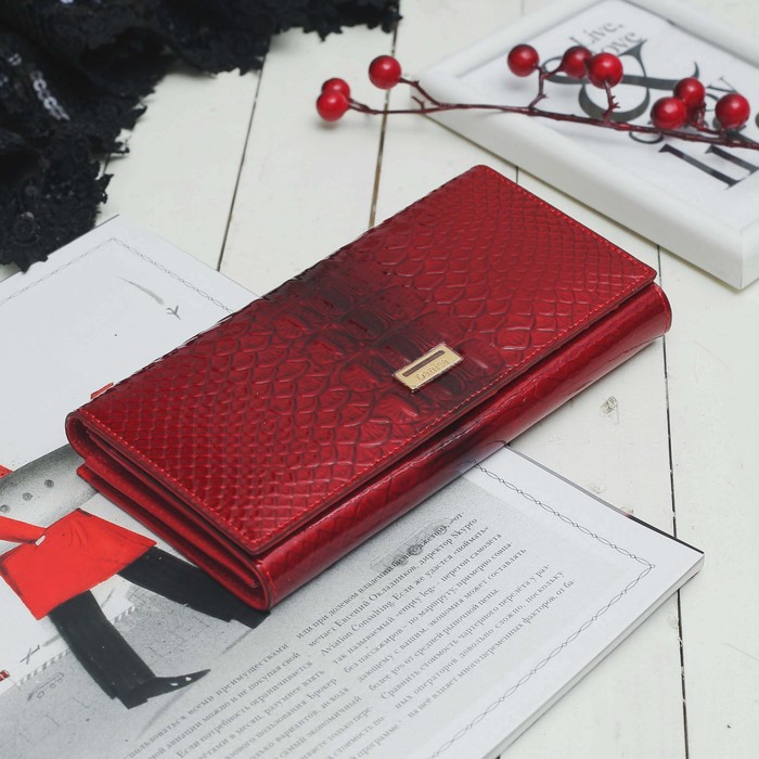 Кошелёк женский, 2 отдела, для карт на клапане, 2 отдела рамка, цвет красный