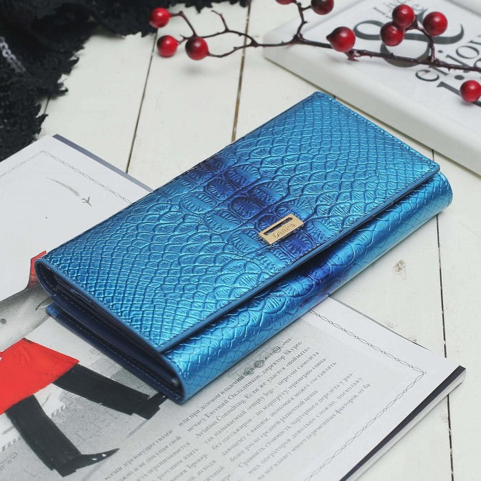 Кошелёк женский, 2 отдела, для карт на клапане, 2 отдела рамка, цвет голубой