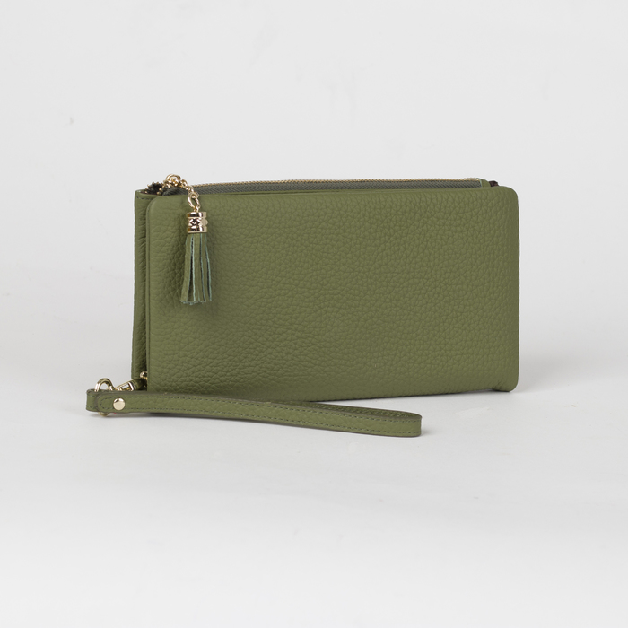 Клатч женский, 2 отдела на молниях, с ручкой, цвет зелёный