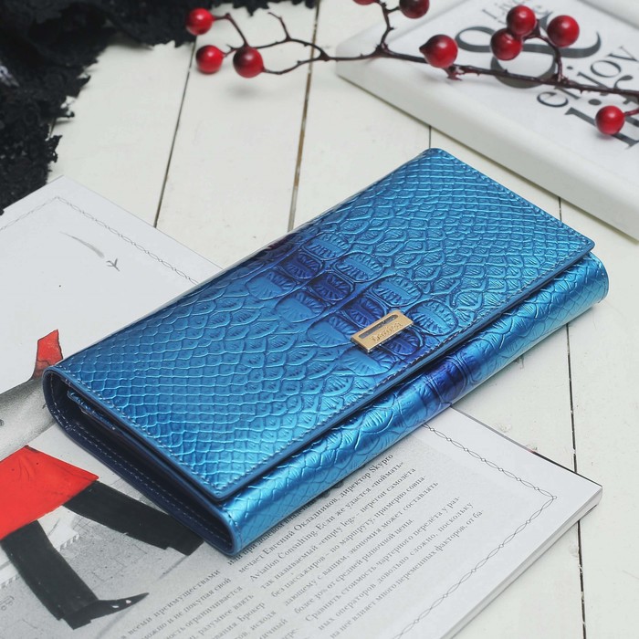 Кошелёк женский, 2 отдела рамка, 2 отдела, для карт на клапане, цвет голубой