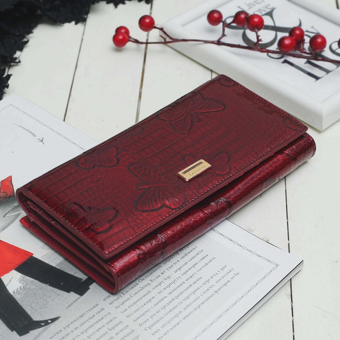 Кошелёк женский, 2 отдела, для карт на клапане, 2 отдела рамка, цвет бордовый