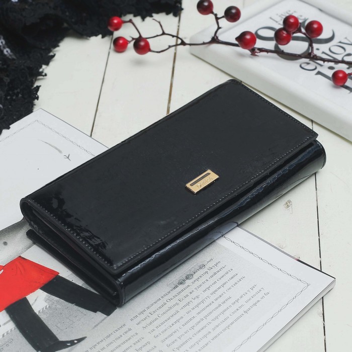 Кошелёк женский, 2 отдела, для карт на клапане, 2 отдела рамка, цвет чёрный