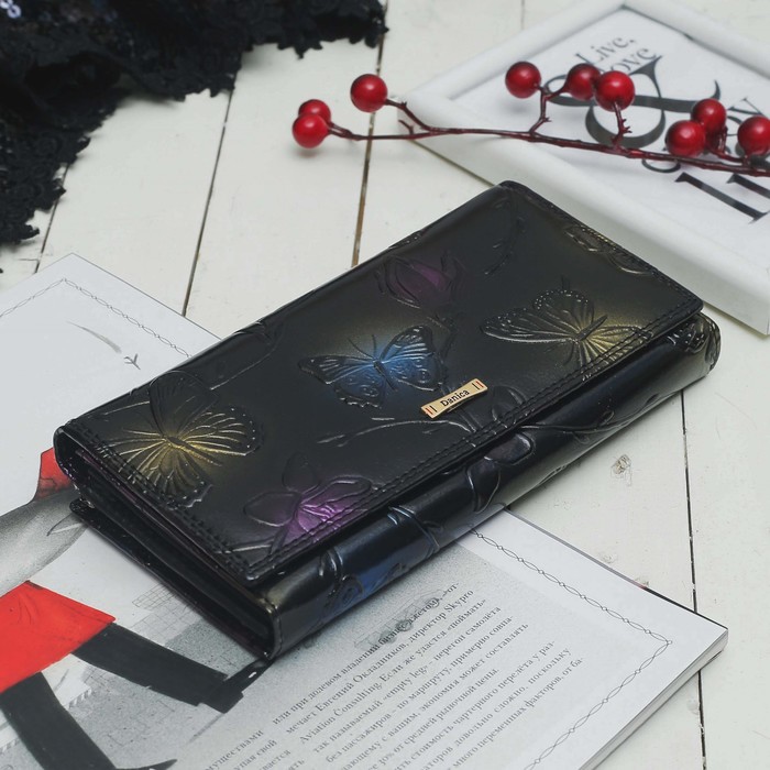 Кошелёк женский, 2 отдела, для карт на клапане, 2 отдела рамка, цвет чёрный