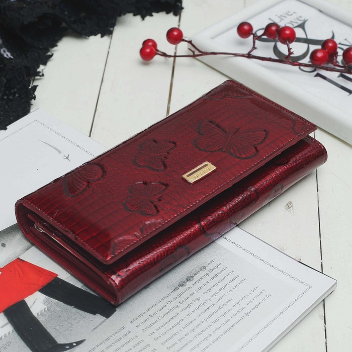 Кошелёк женский, 2 отдела рамка, 2 отдела, для карт на клапане, цвет бордовый