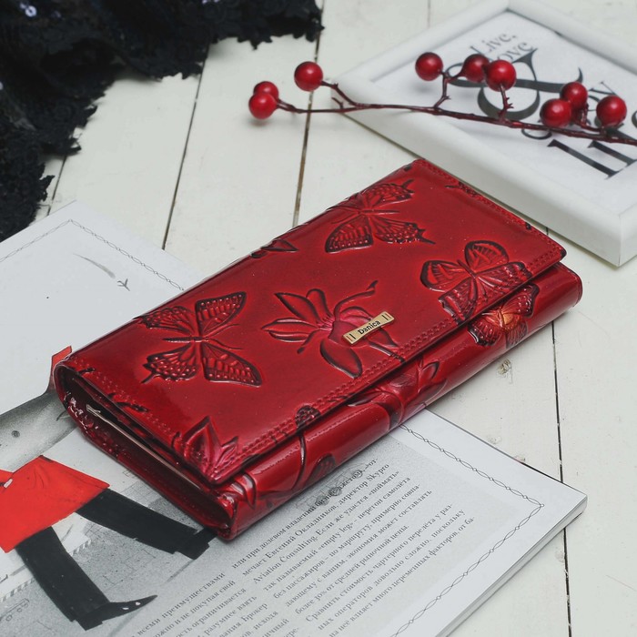 Кошелёк женский, 2 отдела рамка, 2 отдела, для карт на клапане, цвет красный