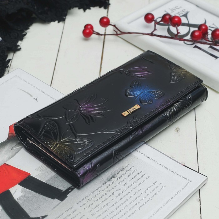 Кошелёк женский, 2 отдела рамка, 2 отдела, для карт на клапане, цвет чёрный