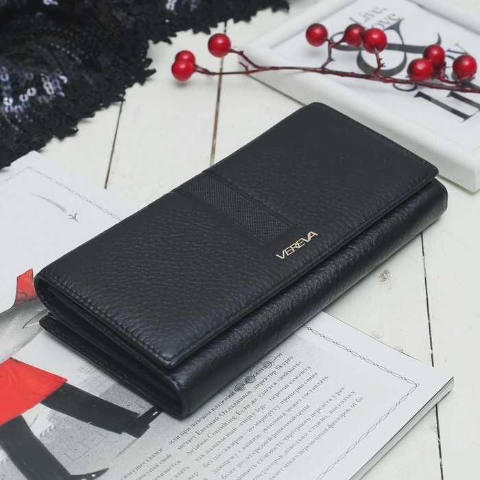 Кошелёк женский, 2 отдела, для карт на клапане, 2 отдела рамка, цвет чёрный