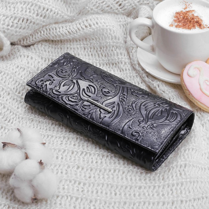 Кошелёк женский, 3 отдела, для карт, для монет, наружный карман, цвет чёрный