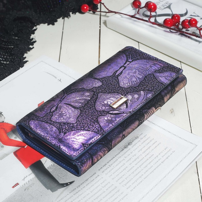 Кошелёк женский, 2 отдела рамка, 2 отдела, для карт на клапане, цвет синий