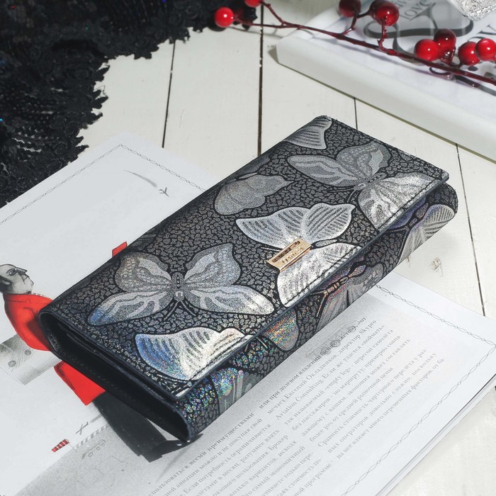 Кошелёк женский, 2 отдела рамка, 2 отдела, для карт на клапане, цвет чёрный