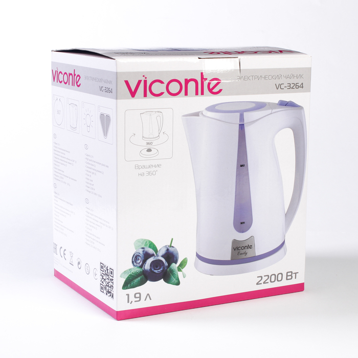 Электрочайник VC-3264, 2200 Вт, 1,9 л, пластик, вращение чайника на 360°, фильтр