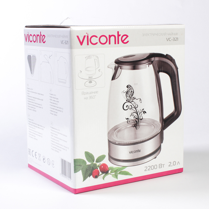 Электрочайник VC-321, 2200 Вт, 2 л, термостойкое стекло, закрытый нагр. элемент