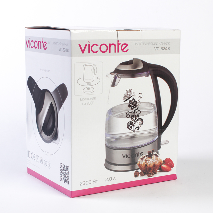 Электрочайник VC-3248, 2200 Вт, объем 2 л, термостойкое стекло, закрытый нагр. элемент